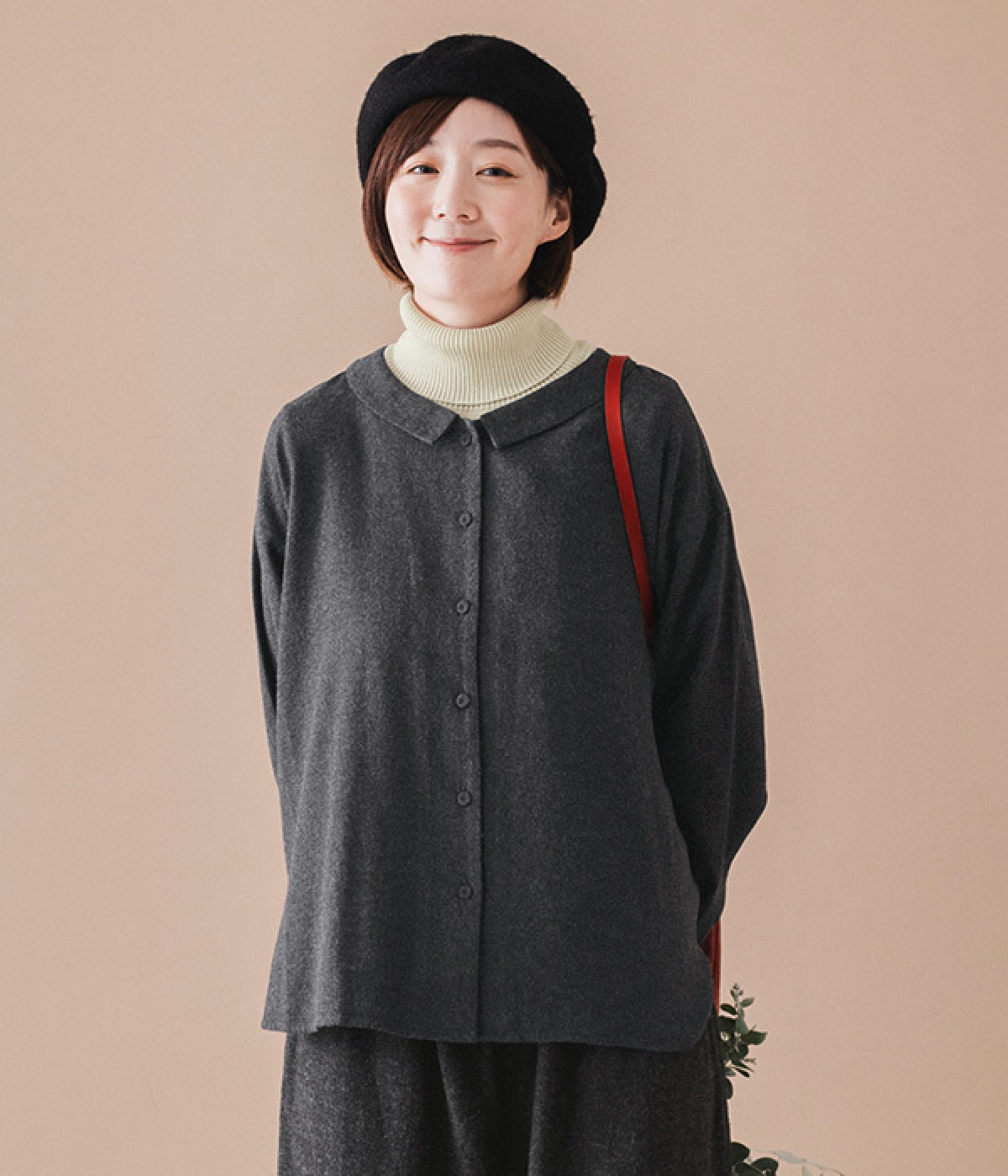 コットンビエラ起毛ブラウス(チャコール-ONESIZE)