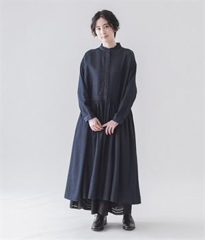コットンテンセルデニム フリル襟ワンピース(インディゴ-ONESIZE)