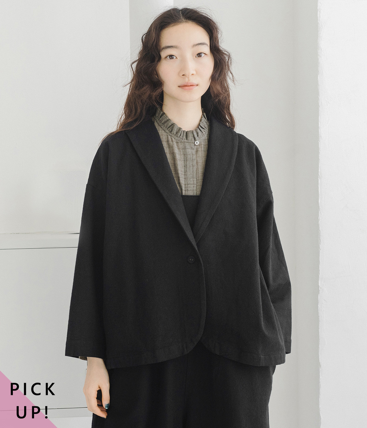 コットンリネンツイル ショールカラージャケット(ブラック-ONESIZE)