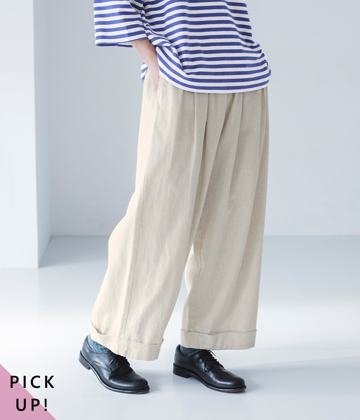 コットンリネンデニム タックワイドパンツ