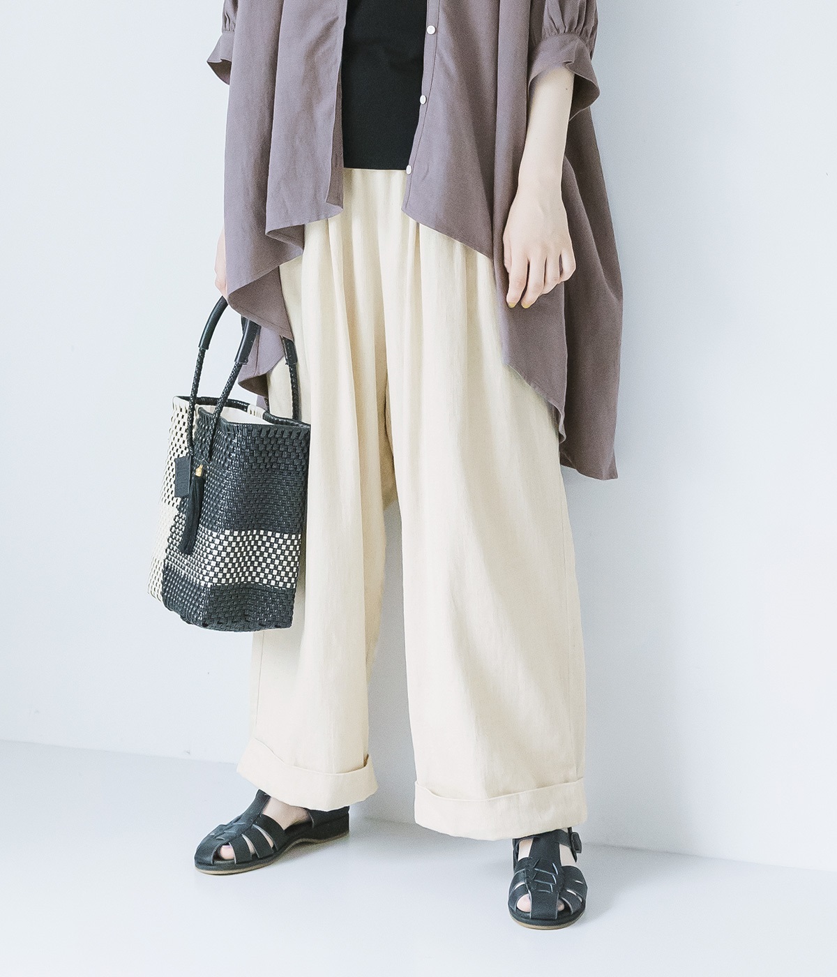 コットンリネンデニム タックワイドパンツ(キナリ-ONESIZE)