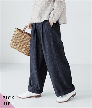 コットンリネンデニム タックワイドパンツ(インディゴ-ONESIZE)