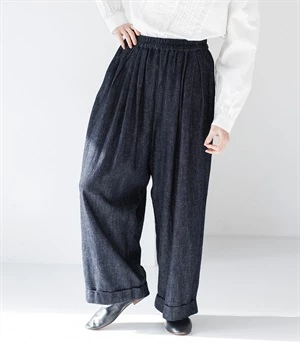 コットンリネンデニム タックワイドパンツ(インディゴ-ONESIZE)