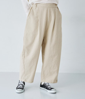 コットンリネンツイル 裾ボタンパンツ(ベージュ-M)