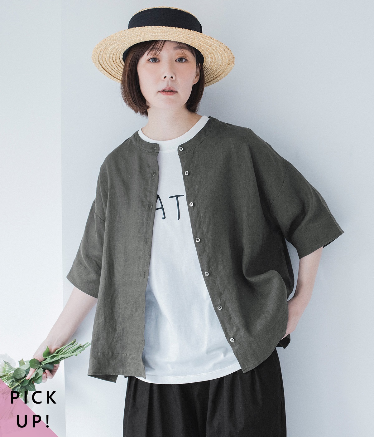 バンドカラーリネンブラウス(チャコール-ONESIZE)