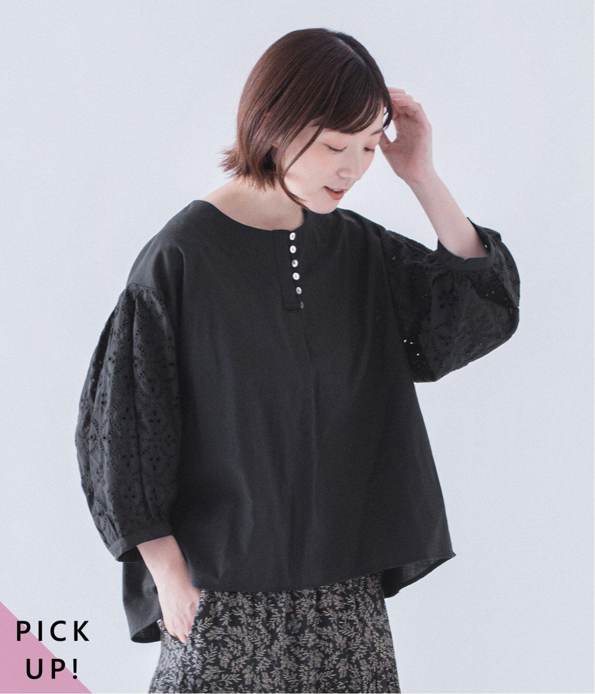 カットワークレーススリーブブラウス(ブラック-ONESIZE)