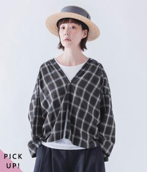 コットンリネンチェックシャツカーディガン(チャコール-ONESIZE)