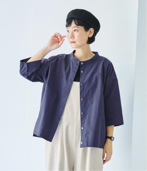 コットンスタンドカラー半端袖シャツ