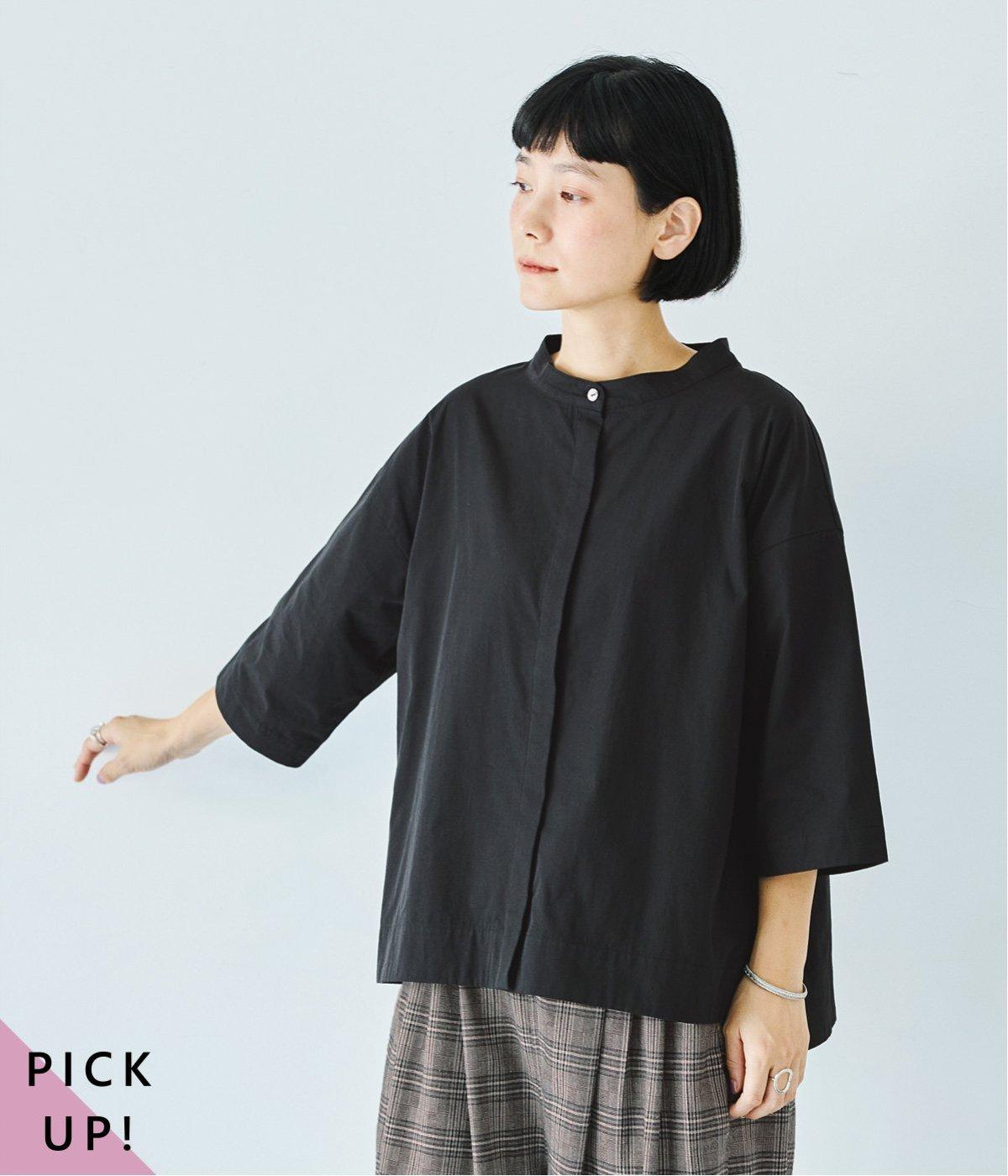 コットンスタンドカラー半端袖シャツ(ブラック-ONESIZE)