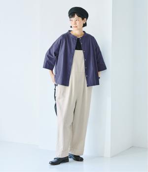 コットンスタンドカラー半端袖シャツ(ネイビー-ONESIZE)