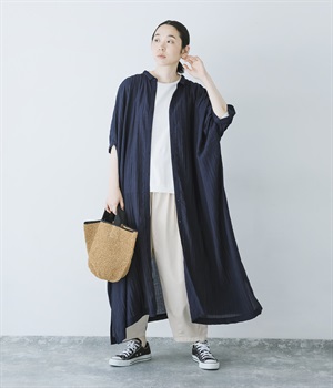 ドルマンギャザーストライプワンピース(ネイビー-ONESIZE)