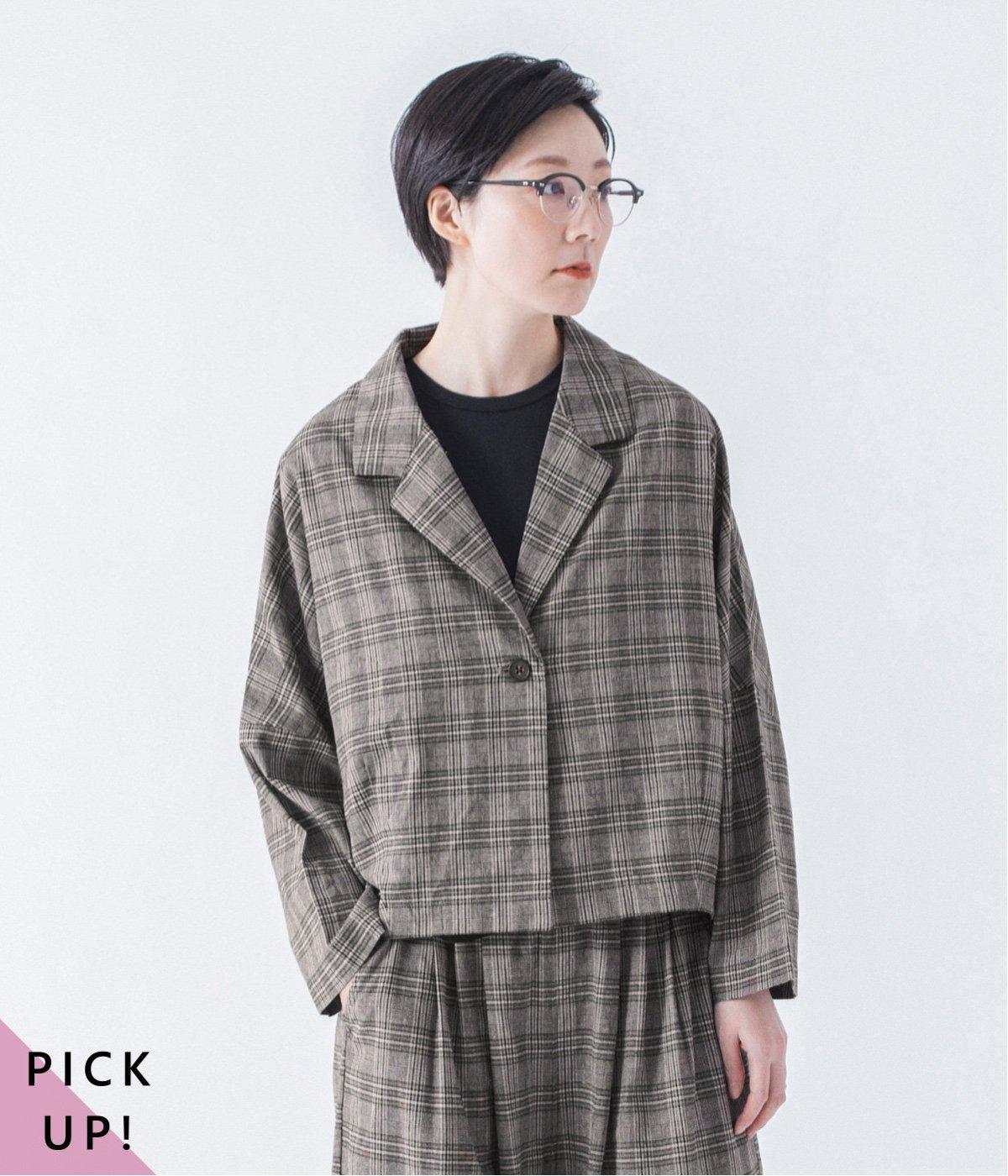 リネン混ショートテーラードジャケット(チェック-ONESIZE)