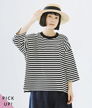 7分袖 ワイドプルオーバー(オフホワイト×ブラック-ONESIZE)