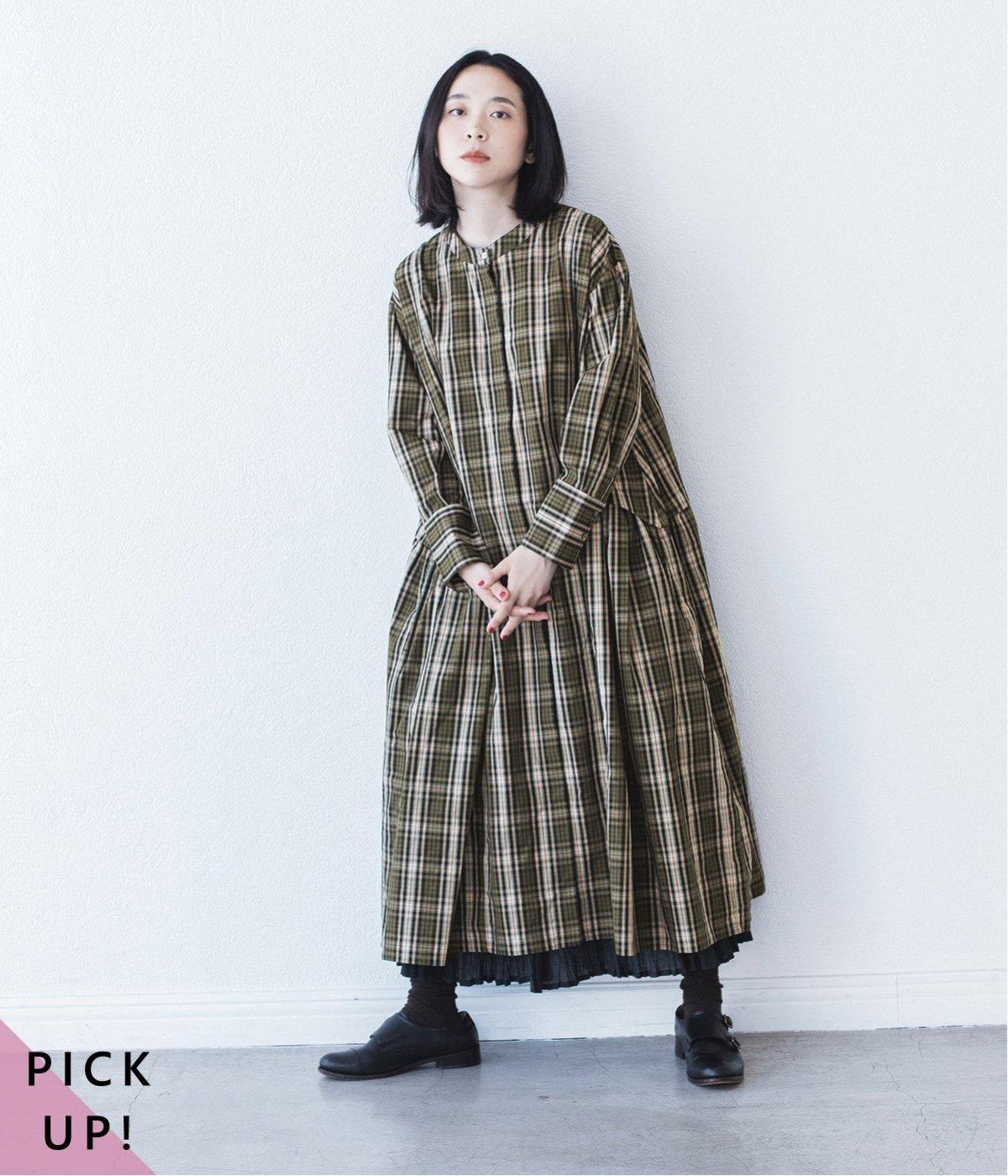 コットンチェックサイドタックワンピース(カーキ-ONESIZE)