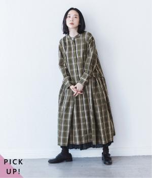 コットンチェックサイドタックワンピース(カーキ-ONESIZE)