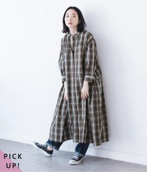 コットンチェックサイドタックワンピース(ブラウン-ONESIZE)