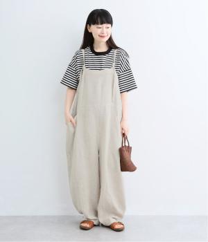 【迷わず決まる】ボーダーT×サロペットセット(ブラック×ナチュラル-F)