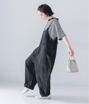 【迷わず決まる】ボーダーT×サロペットセット(ブラック×ブラック-F)