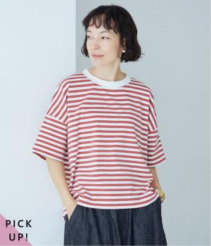1枚で着映えるワイドプルオーバー半袖(オフホワイト×ピンク-F)