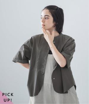 コットンピンタックブラウス半袖(チャコール-F)