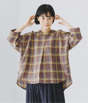 100％リネンチェックショールカラーブラウス