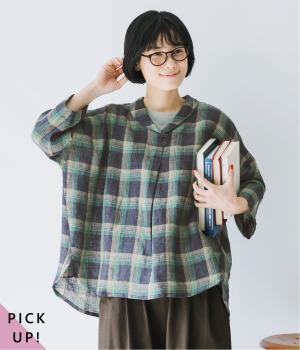 100％リネンチェックショールカラーブラウス(ネイビー×グリーン-F)