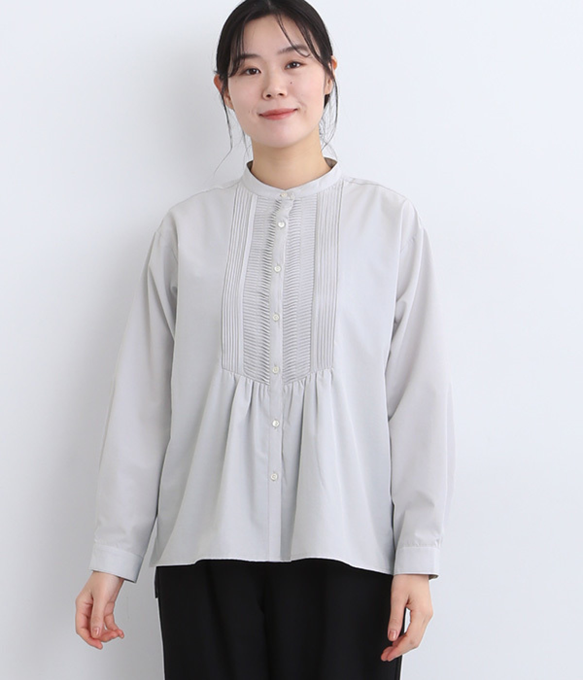 ポリエステルコットンTCタイプライターピンタックブラウス(ライトグレー-ONESIZE)