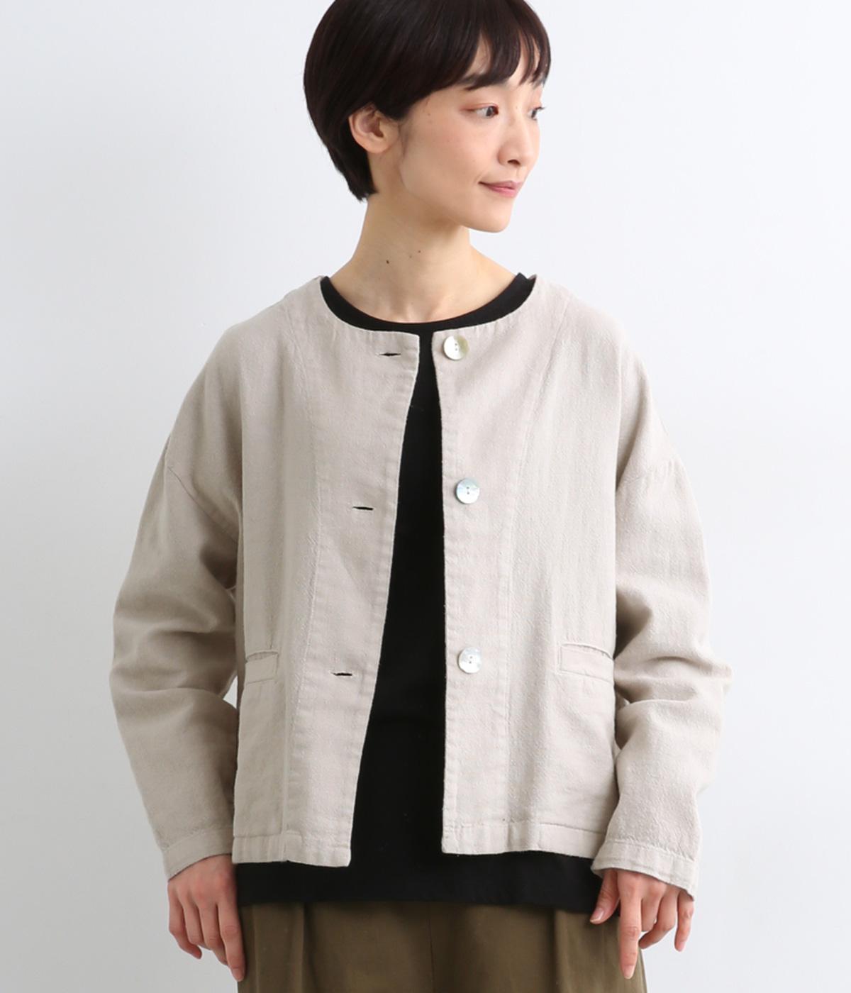 コットンリネンキャンバスノーカラージャケット(ライトグレー-F)