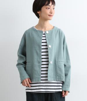 コットンリネンキャンバスノーカラージャケット(ブルー-F)