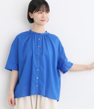 コットンリネンローン後ギャザーブラウス(ブルー-ONESIZE)