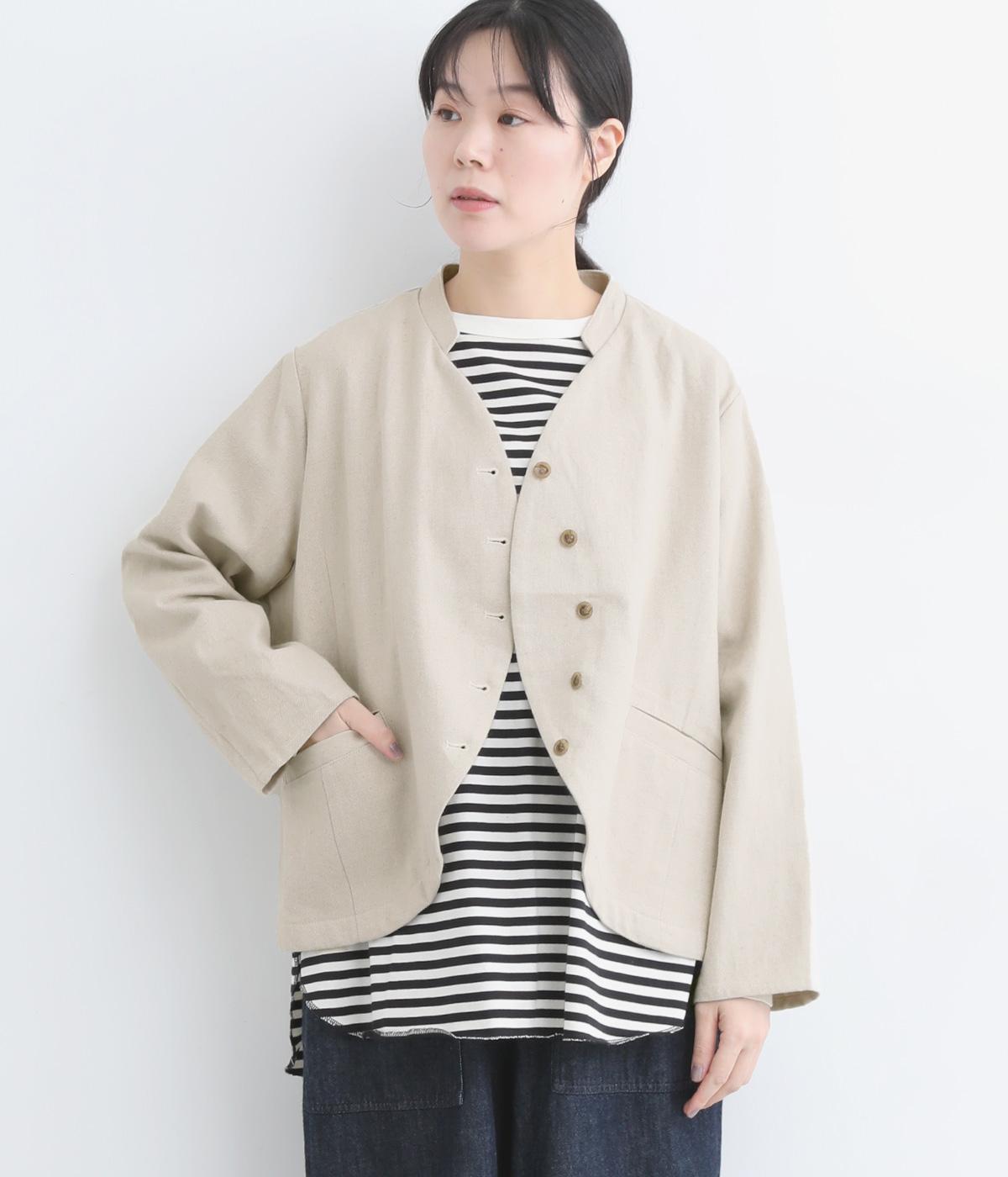 コットンリネン先染めツイルフロントカーブジャケット(ナチュラル-ONESIZE)