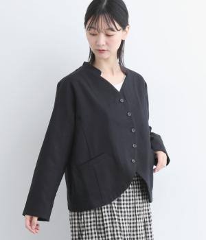 コットンリネン先染めツイルフロントカーブジャケット(ブラック-ONESIZE)