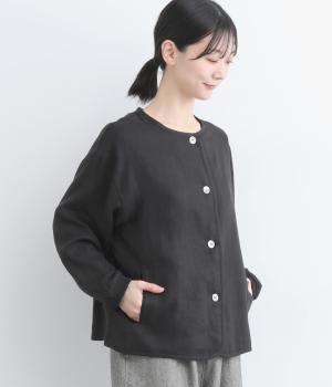 微起毛リネン無地リブ袖ジャケット(ブラック-ONESIZE)