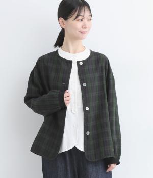 微起毛リネンチェックリブ袖ジャケット(ブラックウォッチ-ONESIZE)