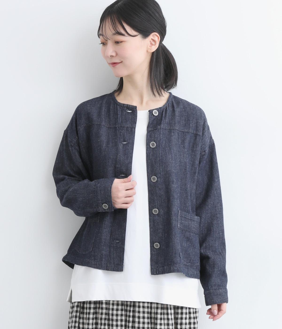 コットンリネンデニムノーカラージャケット(ネイビー-ONESIZE)
