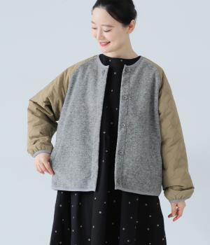 ウール混ボア中綿キルトコンビブルゾン(グレー×カーキ-F)