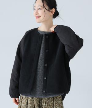 ウール混ボア中綿キルトコンビブルゾン(ブラック-F)