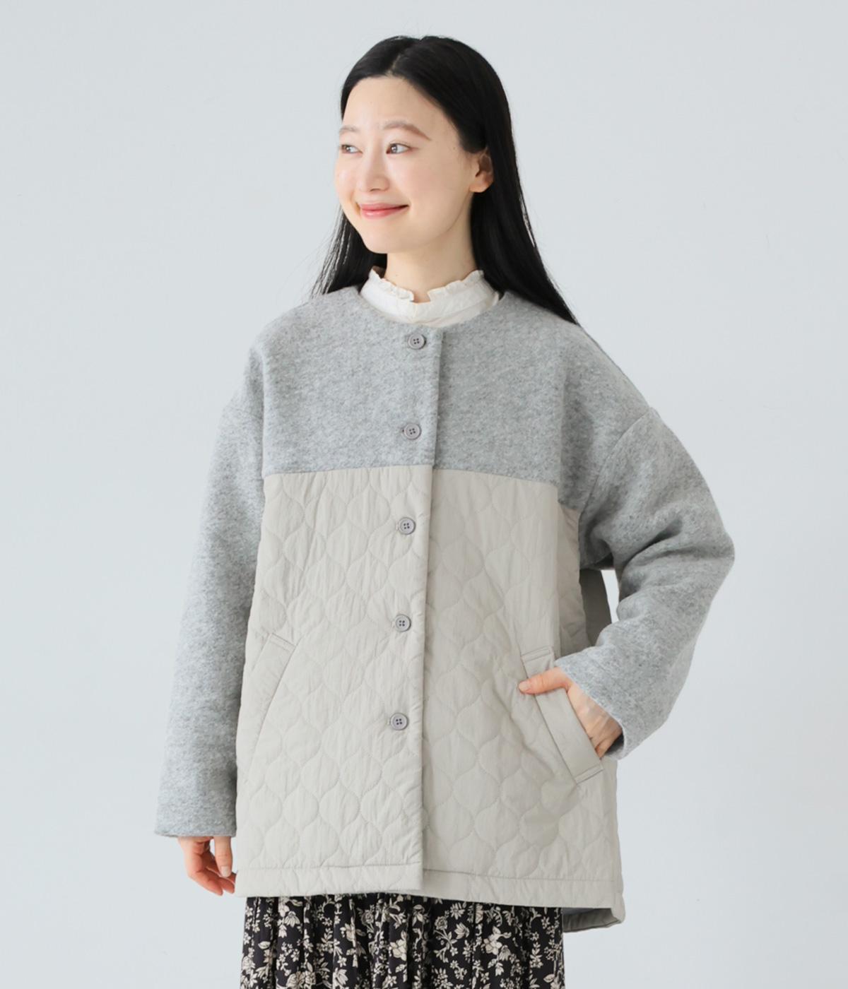 ウール混ボア中綿キルトコンビAラインハーフコート(ライトグレー-F)