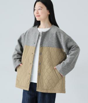 ウール混ボア中綿キルトコンビAラインハーフコート(グレー×カーキ-F)