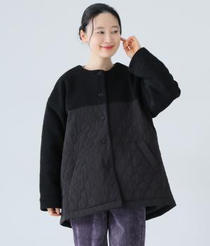 ウール混ボア中綿キルトコンビAラインハーフコート(ブラック-F)