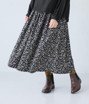 コットンコーデュロイプリントタックスカート(ダークネイビー-F)