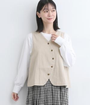 コットンリネン先染めツイルフロントカーブ2wayベスト(ナチュラル-ONESIZE)