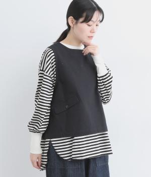 コットンリネン先染めツイルフロントカーブ2wayベスト(ブラック-ONESIZE)