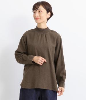 コットンビエラトップ起毛シャンブレー襟シャーリング2wayブラウス(ブラウン-ONESIZE)