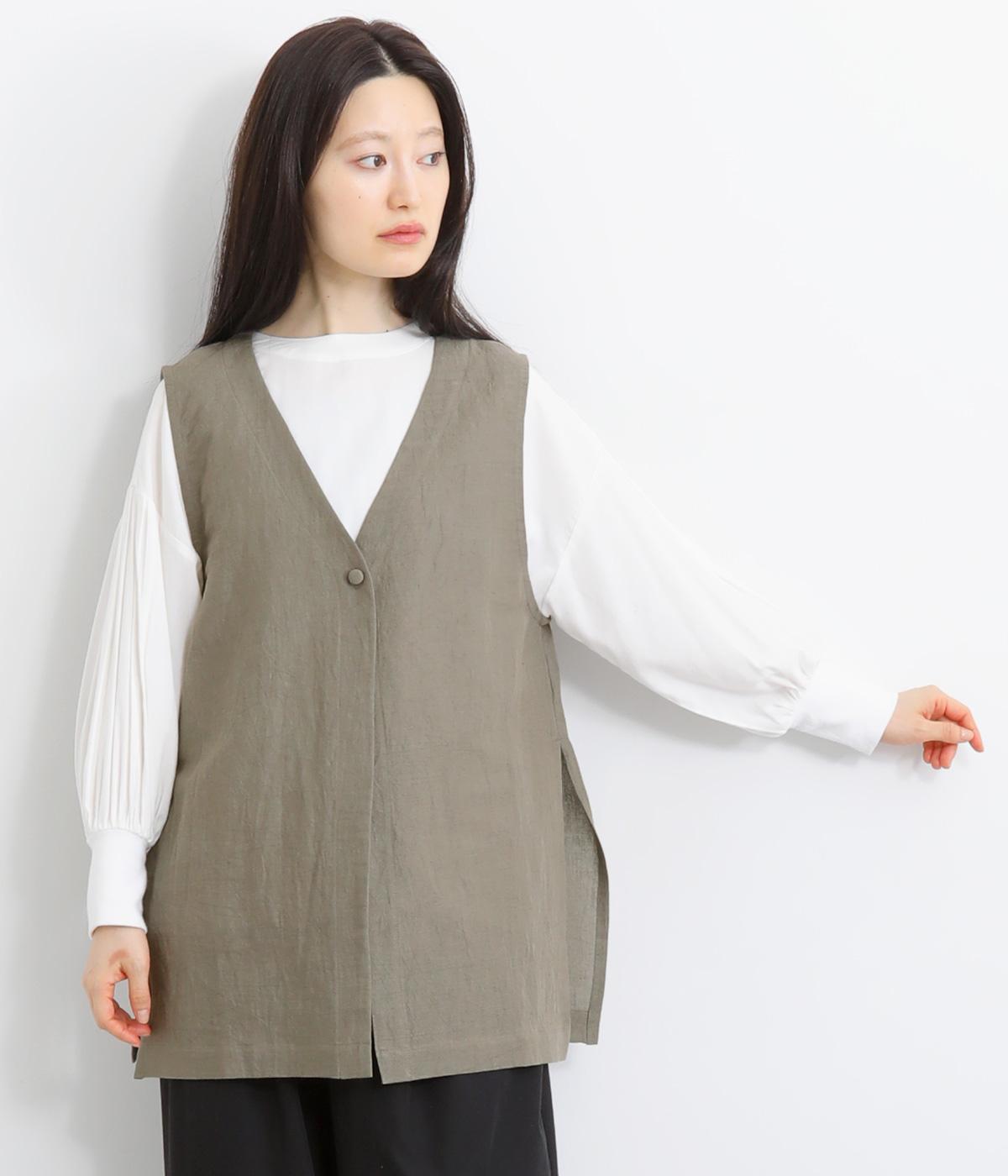 コットンリネンワッシャー天日干しバックギャザージレ(グレージュ-F)