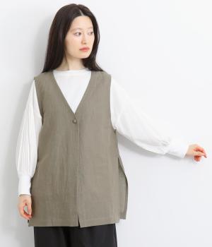 コットンリネンワッシャー天日干しバックギャザージレ(グレージュ-F)