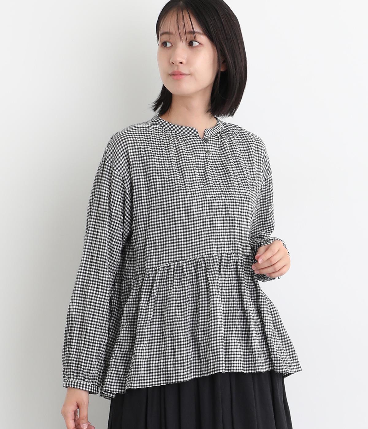 シャーリングチェック裾ギャザープルオーバー(ブラックギンガム-F)