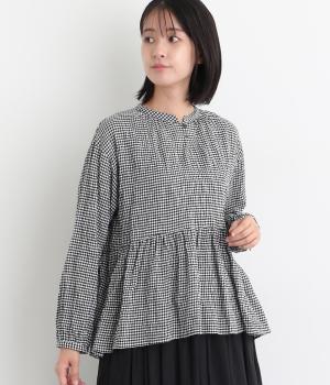 シャーリングチェック裾ギャザープルオーバー(ブラックギンガム-F)