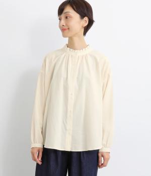 コットンローン東炊き2way襟フリル2つ並びボタンブラウス
