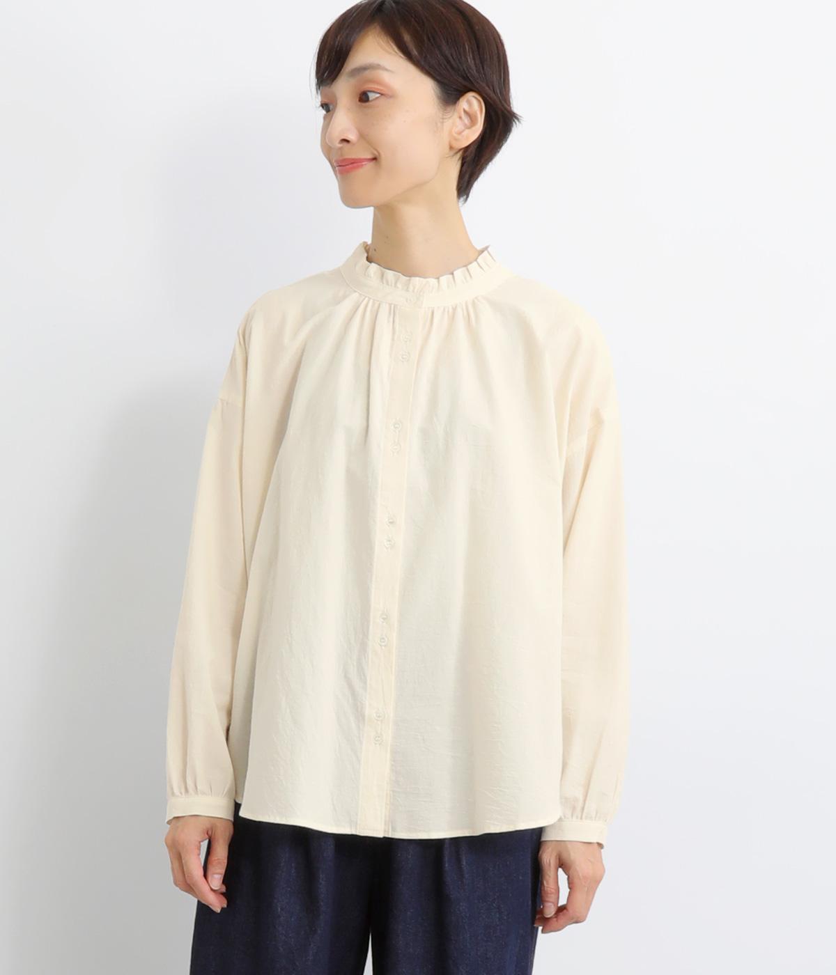 コットンローン東炊き2way襟フリル2つ並びボタンブラウス(アイボリー-F)